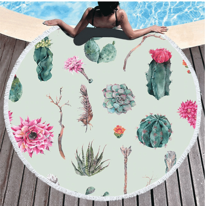Serviette de plage ronde fleurs de cactus vert