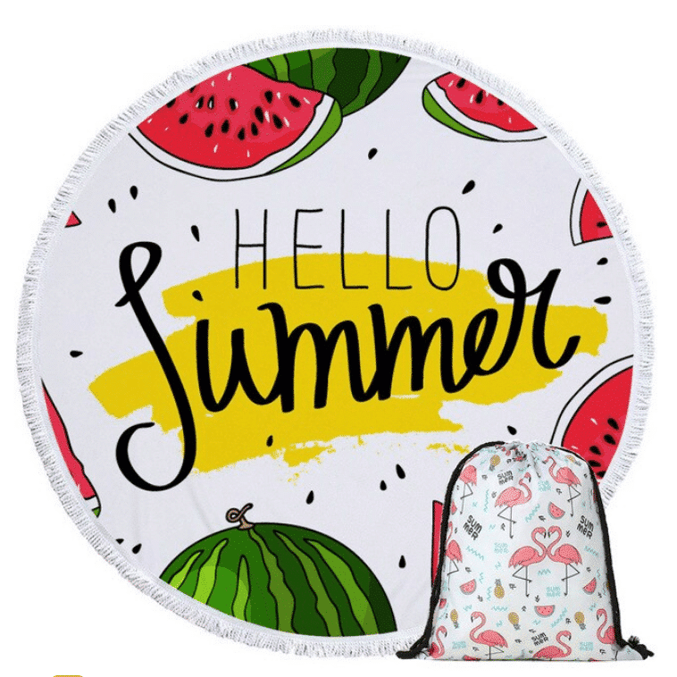 Serviette de plage ronde pastèque Hello Summer + sac
