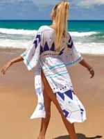 Kimono de plage inspiration scandinave blanc bleu dos
