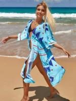 Kimono de plage inspiration scandinave bleuclair bleufoncé