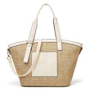 Straw and white leather beach basket