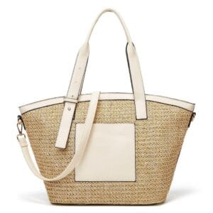 Panier de plage en paille et cuir blanc