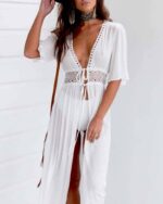 Robe longue paréo avec ceinture en dentelle blanc face