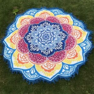 Serviette de plage ronde en forme de mandala bleu jaune