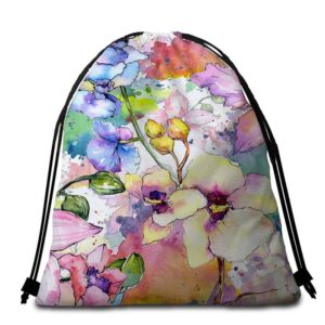 Serviette de plage ronde fleurs aquarelle sac