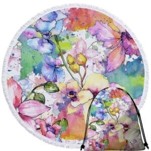 Serviette de plage ronde fleurs aquarelle + sac