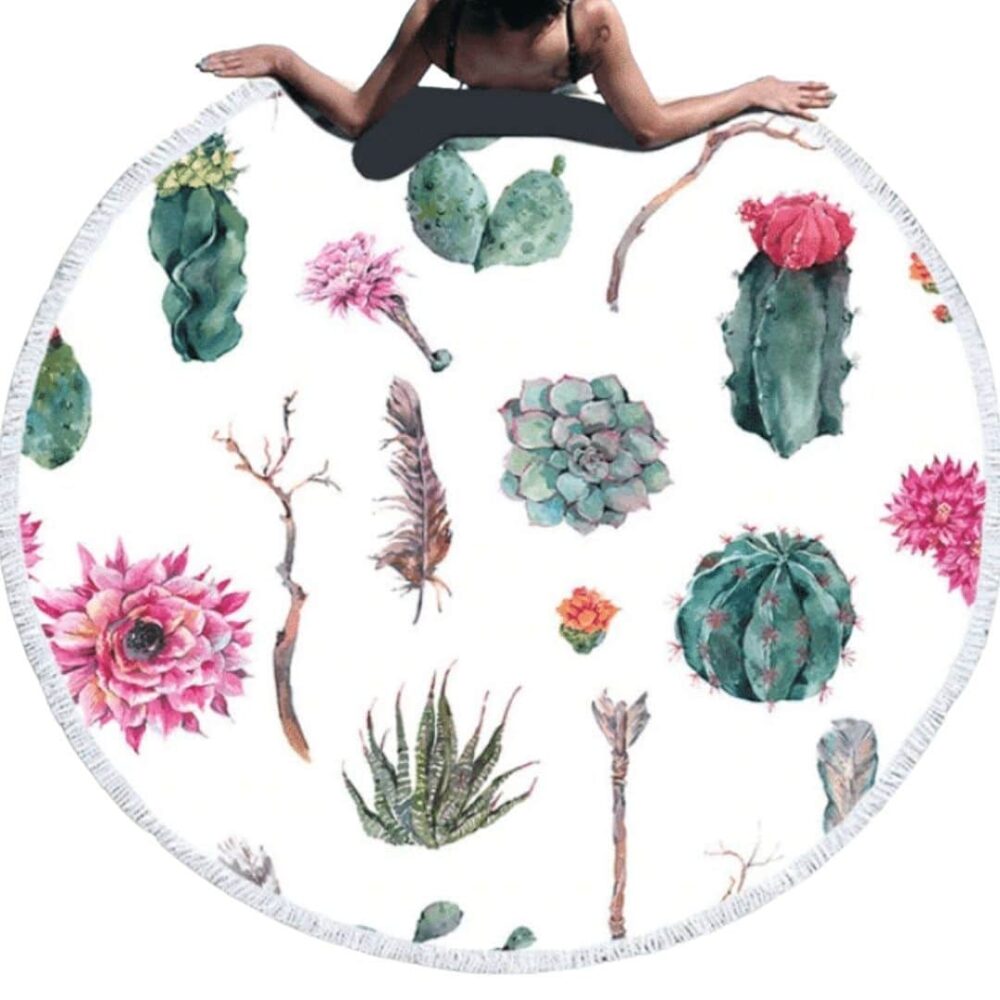 Serviette de plage ronde fleurs de cactus blanc