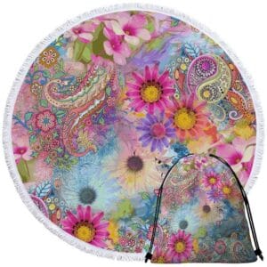 Serviette de plage ronde fleurs et mandala + sac