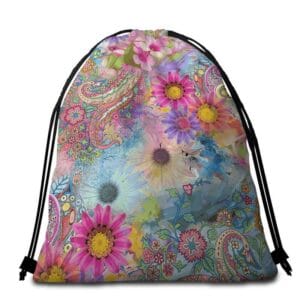Serviette de plage ronde fleurs et mandala sac