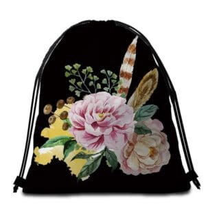 Serviette de plage ronde fleurs et plumes sac
