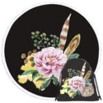 Serviette de plage ronde fleurs et plumes + sac