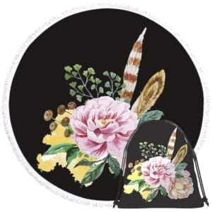 Serviette de plage ronde fleurs et plumes + sac