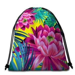 Serviette de plage ronde fleurs tropicales sac