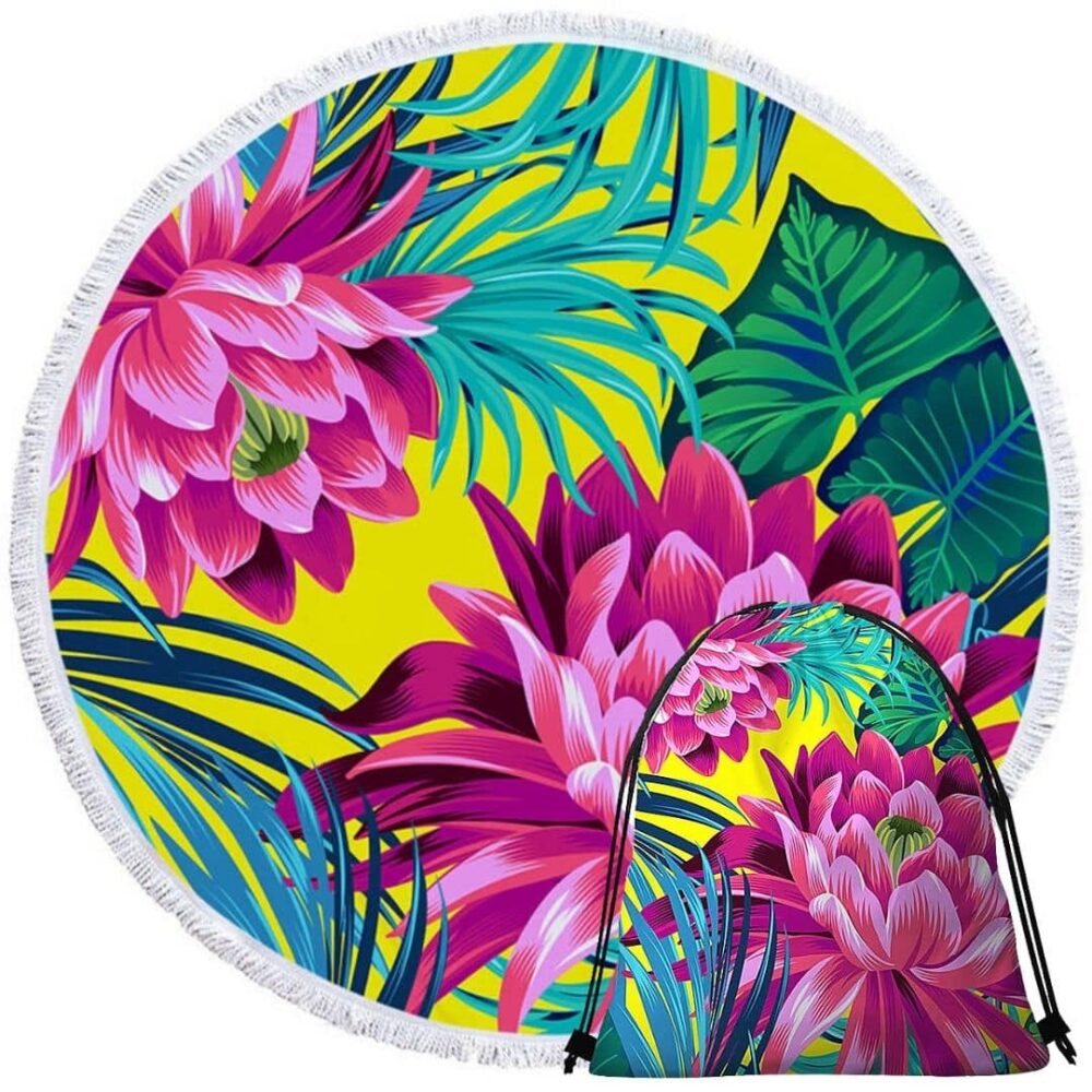 Serviette de plage ronde fleurs tropicales + sac