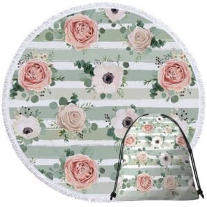 Serviette de plage ronde rayée à fleurs + sac