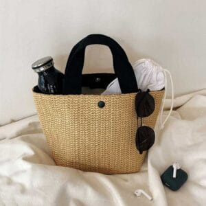 Sac de plage en paille style panier noir