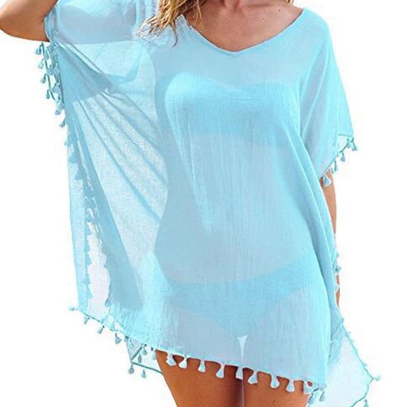 Cache maillot de bain avec pompon pour femme, tunique blanche, robe d'été,  tenue de plage, bleu, sortie de bain, 6 couleurs, 2023, 2022