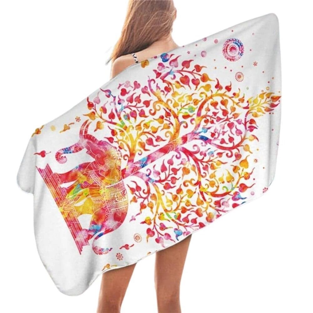 Serviette de plage en microfibre éléphant arbre de vie blanc 2