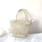 Sac de plage en paille panier fourre-tout beige