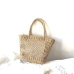 Sac de plage en paille panier fourre-tout marron