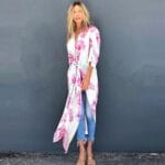 Kimono de Plage Imprimé Eté Blanc Rose