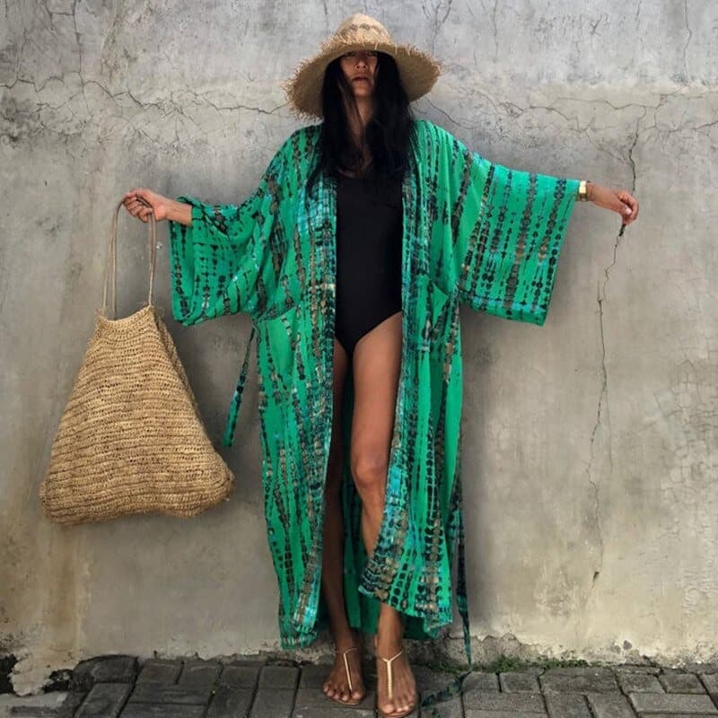 Kimono de plage à imprimé ligné couleur vert de face