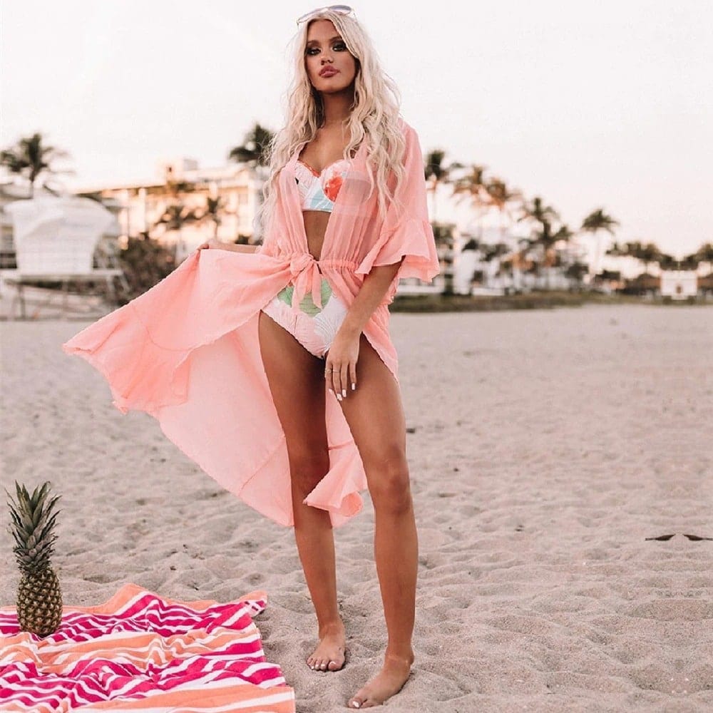 kimono de plage couleur unie rose de face