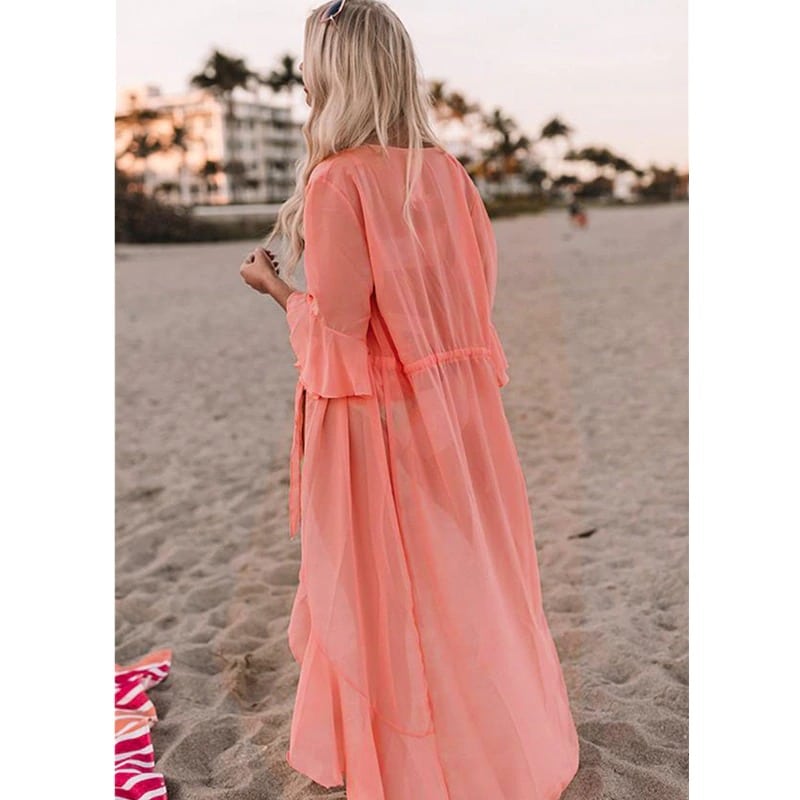 kimono de plage couleur unie rose de dos