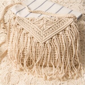sac bandouliere tisse franges beige