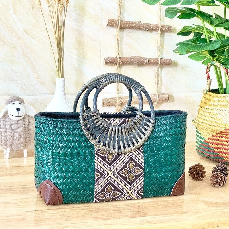 sac ethnique tissé à motifs vert decor