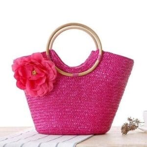Sac Fourre tout tissé et fleuri rose
