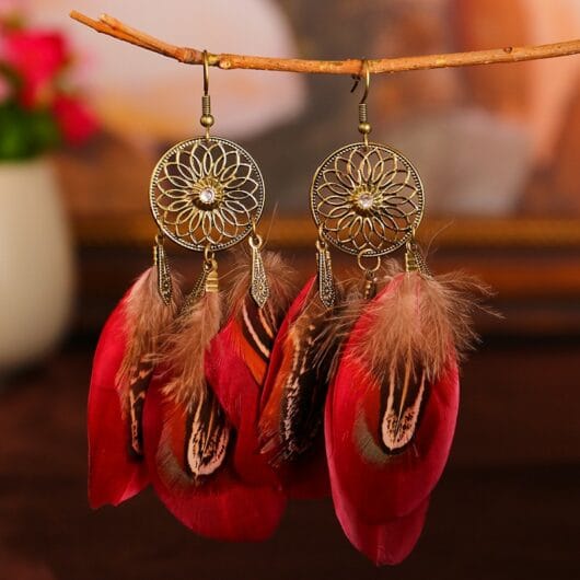 Boucles d'Oreilles Ethniques Plumes Colorées rouge