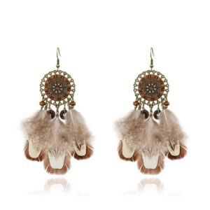 Boucles d'oreilles attrape-rêve à longues plumes detail
