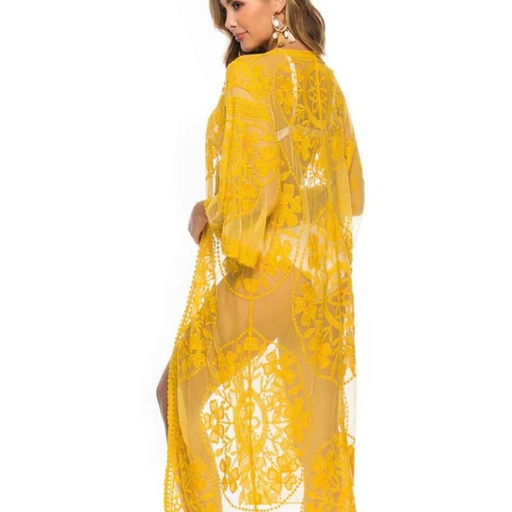 Kimono de Plage à Dentelles Transparentes jaune dos