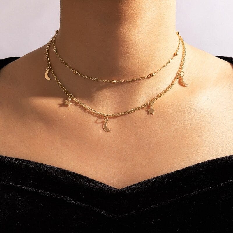 collier double étoiles et lune doré