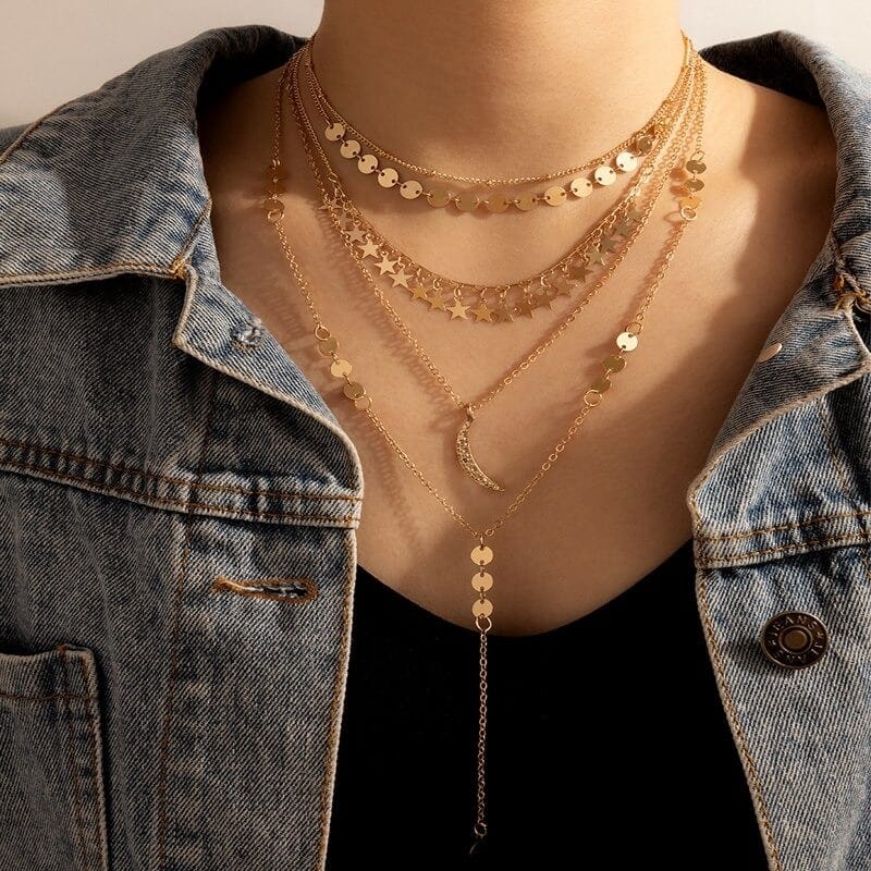 collier multirangs à pendentifs en étoiles et lunes