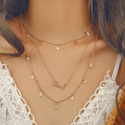 Collier Fantaisie Multirang Pendentif Étoiles et Love produit