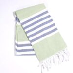 Fouta de Plage Rayé Tricolore à Franges bleu vert