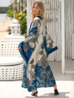 Long Kimono de Plage Large à Motifs Imprimés blanc bleu foncé