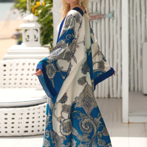 Long Kimono de Plage Large à Motifs Imprimés blanc bleu foncé
