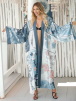 Long Kimono de Plage Large à Motifs Imprimés bleu ciel