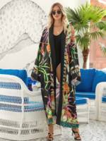 Long Kimono de Plage Large à Motifs Imprimés noir