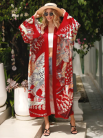 Long Kimono de Plage Large à Motifs Imprimés rouge