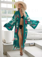 Long Kimono de Plage Large à Motifs Imprimés vert