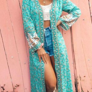 Longue Robe Chemise Bohémienne à Col en V bleu
