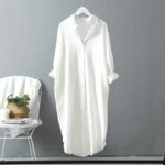 Longue Robe Chemise en Coton et Lin blanc 2
