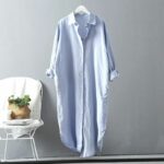 Longue Robe Chemise en Coton et Lin bleu 2