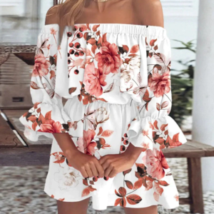 Robe Bohème Courte Épaules Dénudées blanc roses