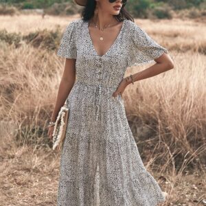 Robe Bohème Longue Col en V et Cordon de Serrage blanc