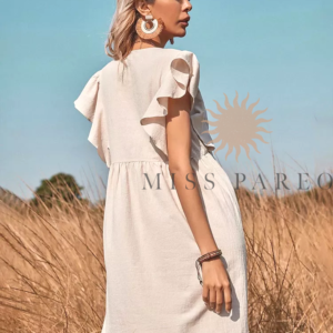 Robe Chemise Trapèze à Volants et Col en V blanc detail 1